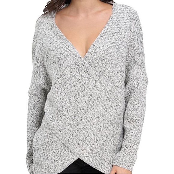 Chunky knit wrap front sweater marled grey v neck cross cross ballet cor… - Picture 2 of 15
